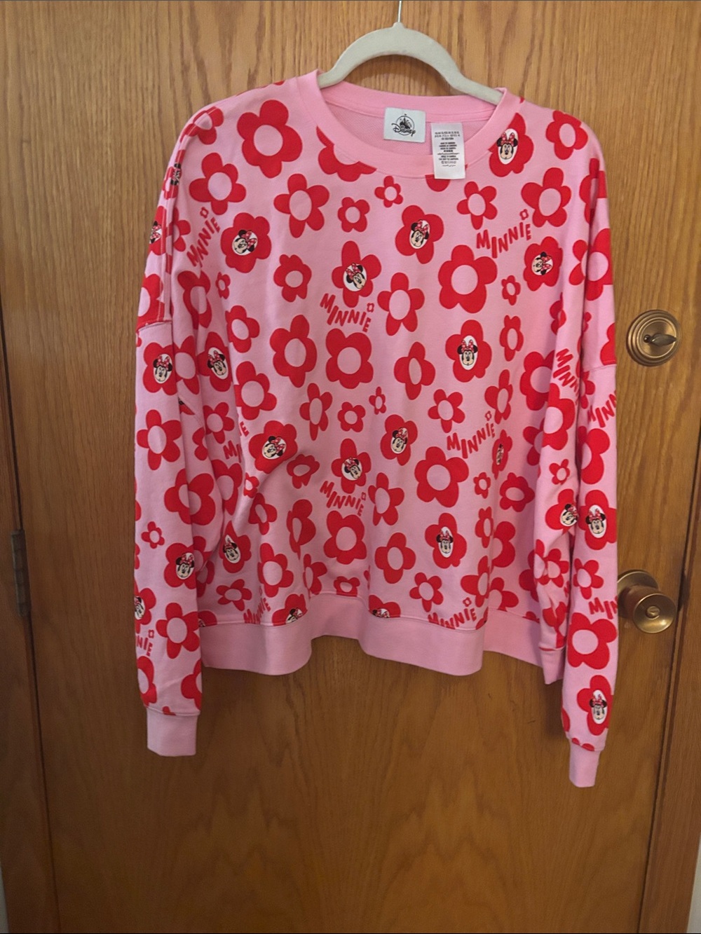 Disney Pink Crewneck Sweater with Red Floral Minnie Print